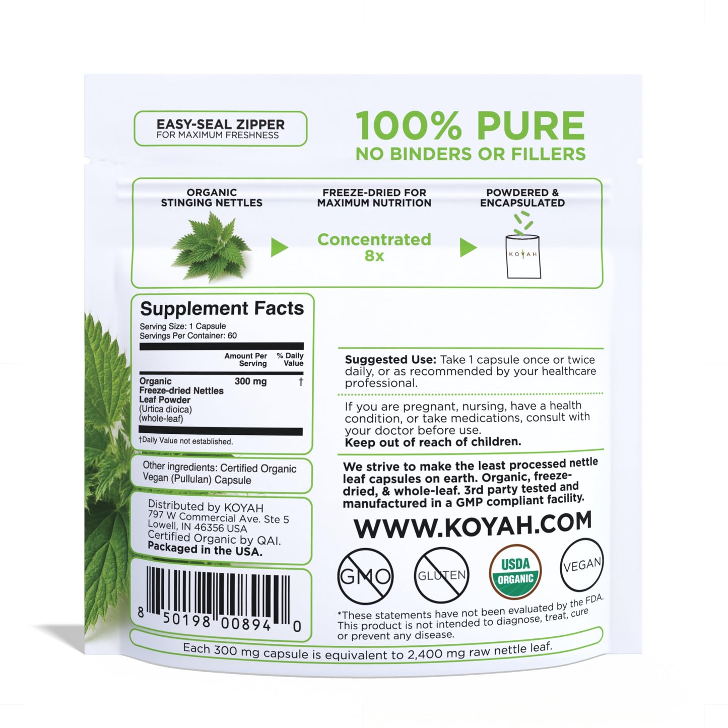 KOYAH Organic Stinging Nettle Leaf Capsules – Freeze-Dried 300 mg (2,400 mg Fresh) – Immune & Respiratory Support – 60 Capsules