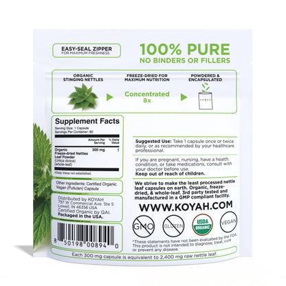 KOYAH Organic Stinging Nettle Leaf Capsules – Freeze-Dried 300 mg (2,400 mg Fresh) – Immune & Respiratory Support – 60 Capsules