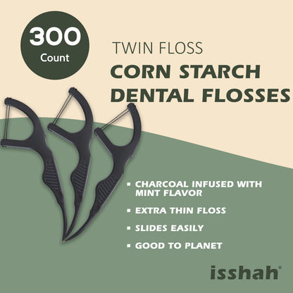 Natural Dental Floss Picks (300 Count) – Kraft Box, Plant-Based, Vegan, Charcoal Twin Floss