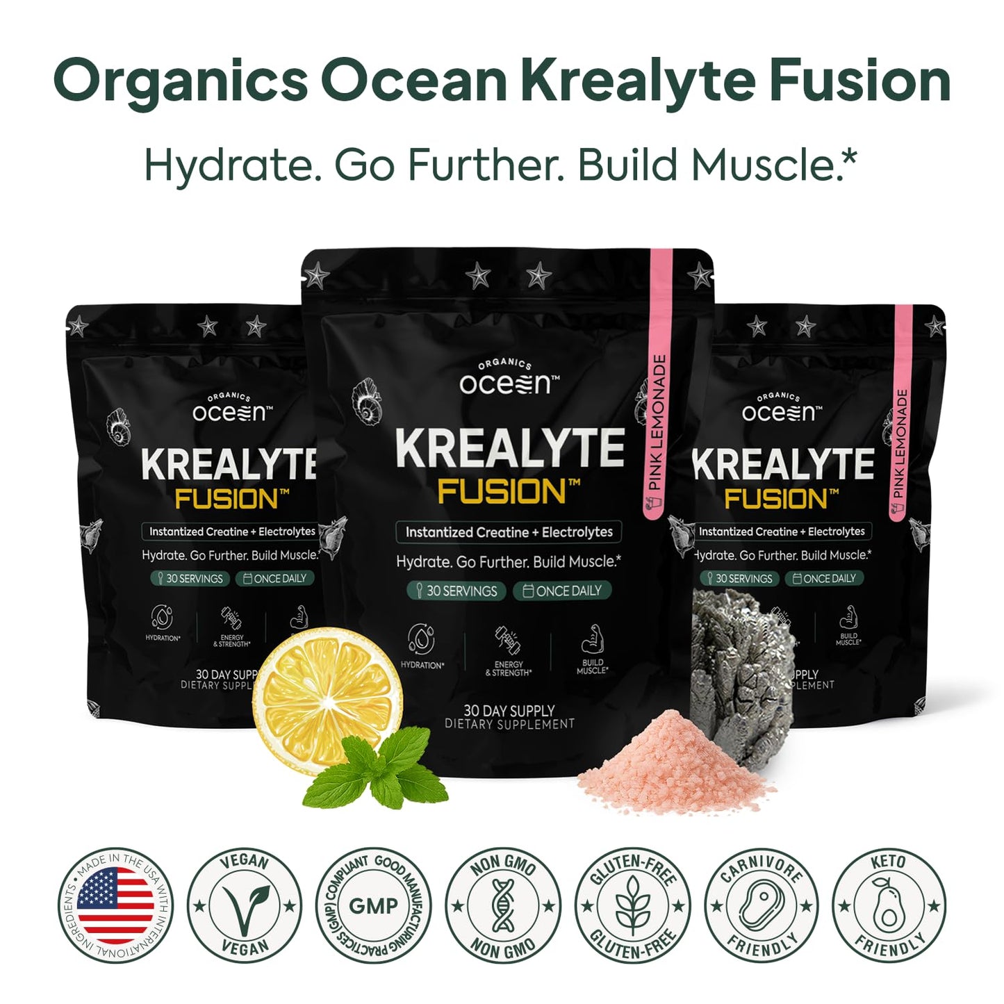 Organics Ocean Krealyte Fusion: Instantized Creatine Monohydrate + Electrolytes, Pink Lemonade, 30 Servings