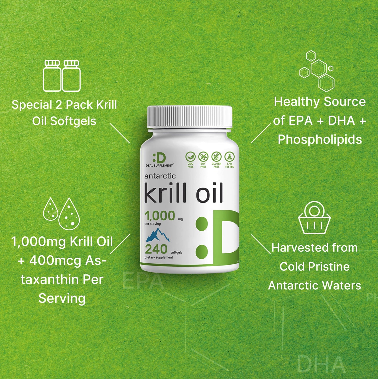 DEAL SUPPLEMENT Antarctic Krill Oil 2 Pack – 1,000mg/Serving, 480 Softgels