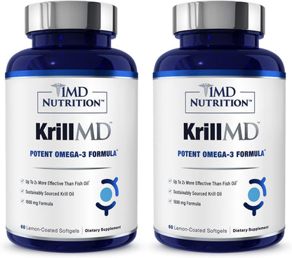 1MD KrillMD - Antarctic Krill Oil with Astaxanthin, EPA & DHA | 2x More Effective Than Fish Oil | 60 Softgels (2-Pack)