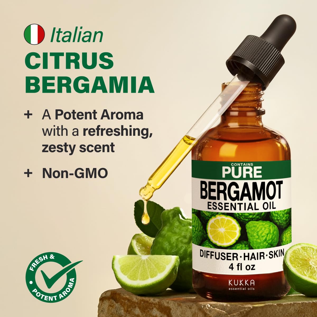 KUKKA Bergamot Essential Oil 4 Oz – Hair, Skin, Diffuser, Aromatherapy & Soap Making