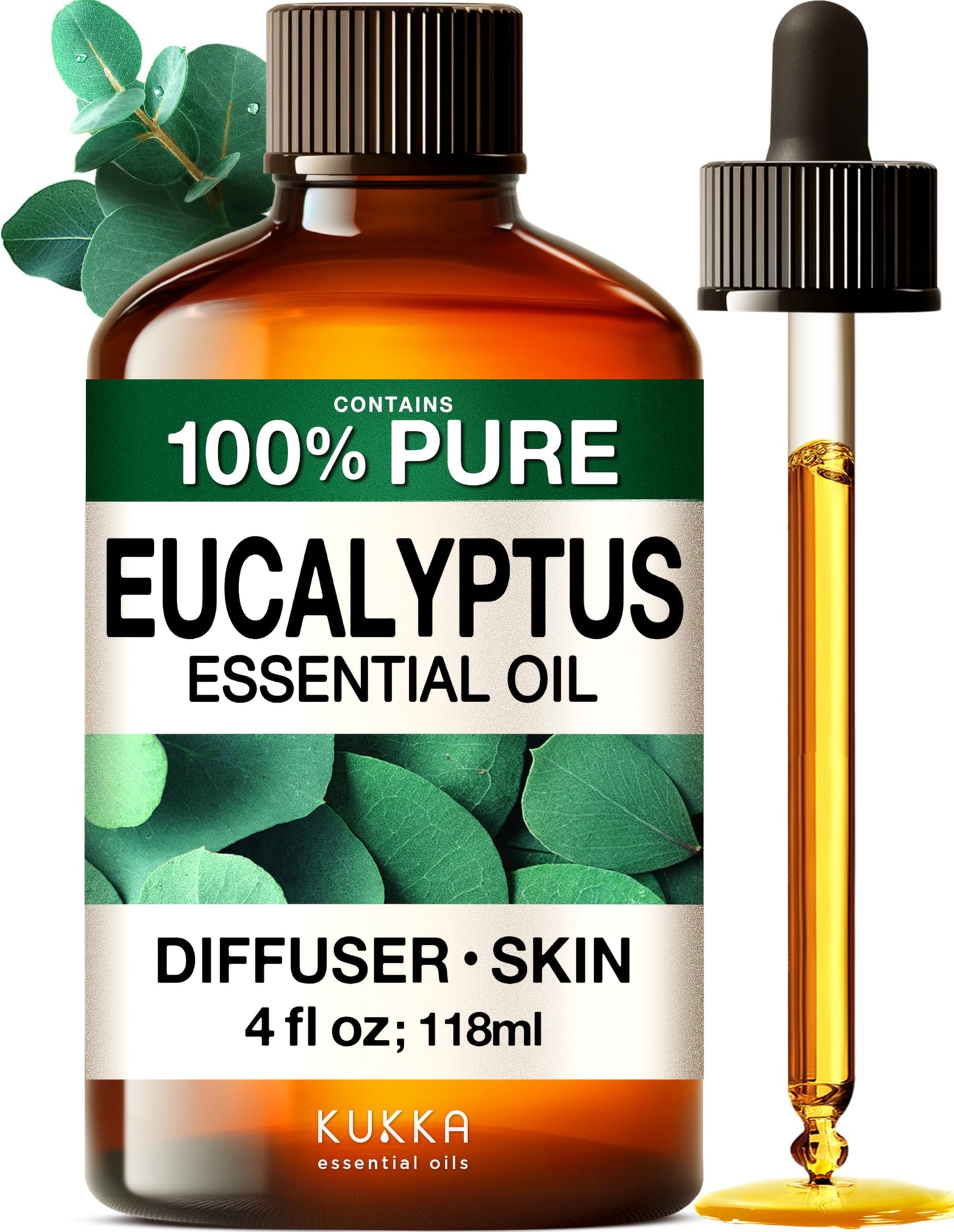 KUKKA Eucalyptus Essential Oil 4 oz | Diffuser, Hair & Skin Care, Aromatherapy & DIY Soap