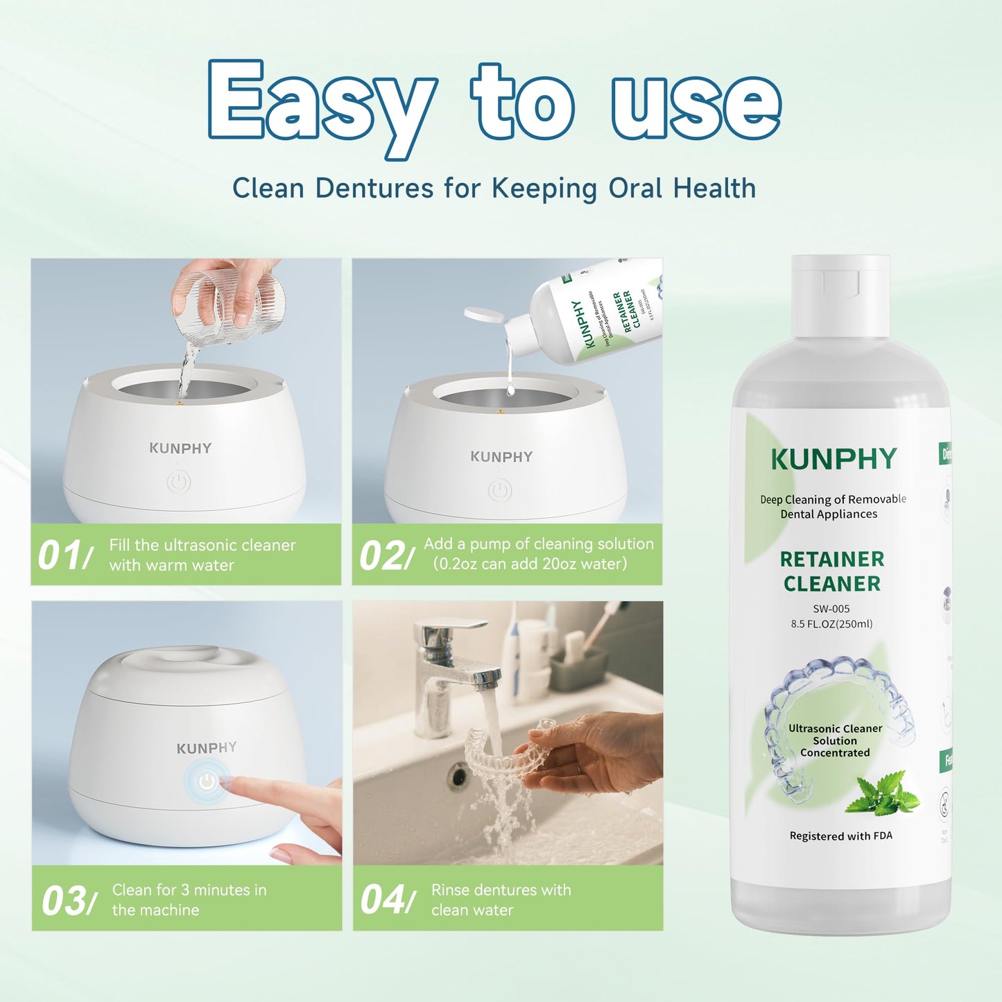 KUNPHY Ultrasonic Retainer Cleaner 8oz Mint – Professional Cleaning for Retainers, Dentures & Aligners