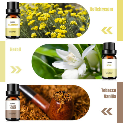 KURJIME Essential Oil Set – Earthy Fragrance Oils for Diffusers (6x10ml): Peppermint, Frankincense, Vanilla, Helichrysum, Neroli, Tobacco Vanilla