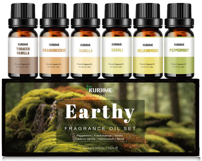 KURJIME Essential Oil Set – Earthy Fragrance Oils for Diffusers (6x10ml): Peppermint, Frankincense, Vanilla, Helichrysum, Neroli, Tobacco Vanilla