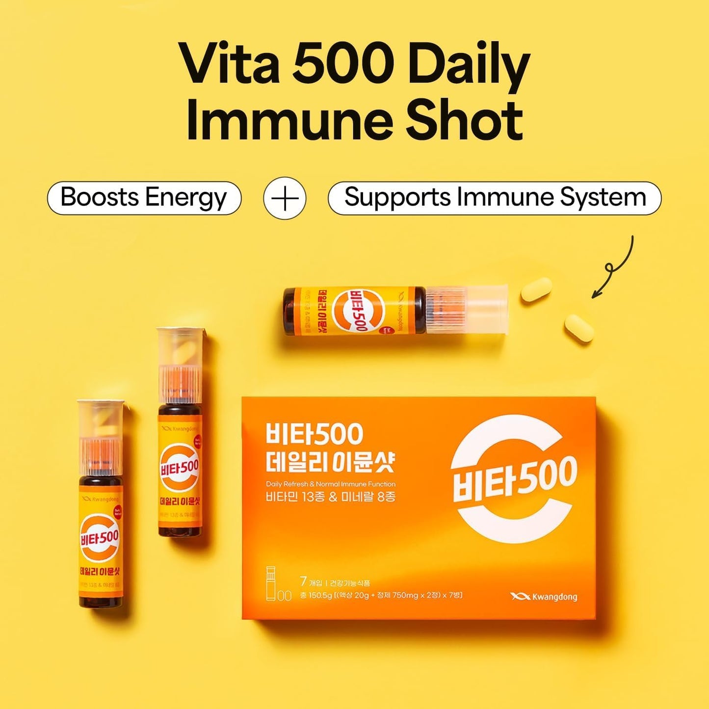KWANGDONG Vita500 Daily Immune Shot – 7-Day Immune Support with 13 Vitamins & 8 Minerals | All-in-One Peach-Flavored Nutrition