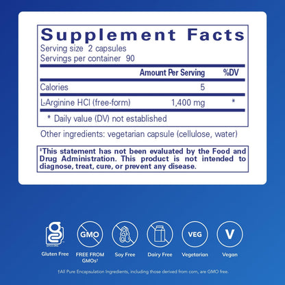 Pure Encapsulations L-Arginine 1,400 mg – Supports Nitric Oxide & Circulation | Gluten Free & Non-GMO | 180 Capsules