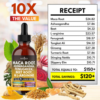 NEW AGE Organic Maca Root Liquid Drops with Ashwagandha, Nettle, Fenugreek, Beet Root & L-Arginine – 8oz