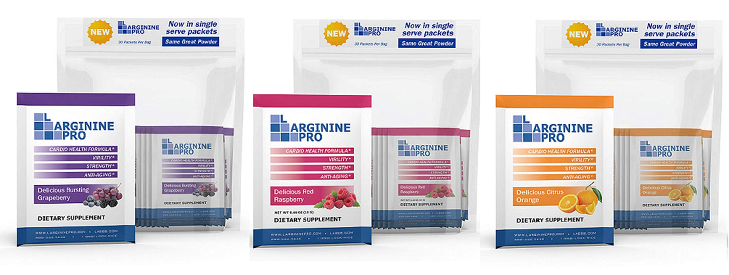 L-ARGININE PRO Supplement Powder | 90 Travel Packets | 5,500mg L-Arginine + 1,100mg L-Citrulline | Raspberry, Orange & Grape