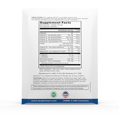 L-ARGININE PRO Supplement Powder | 60 Packets | Raspberry Flavor | 5,500mg L-Arginine + 1,100mg L-Citrulline