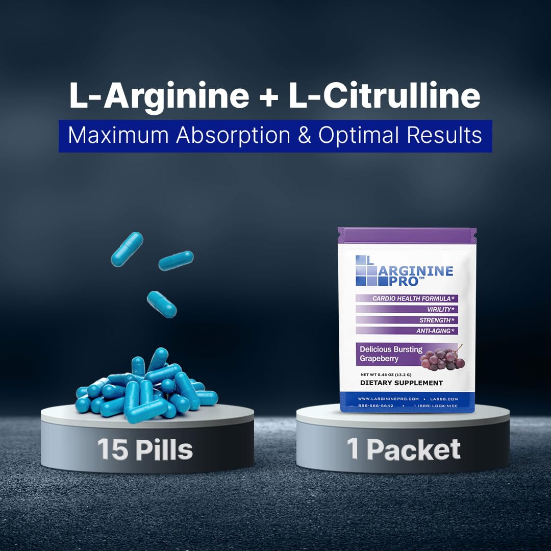 L-ARGININE PRO Supplement Powder – 60 Single-Serve Packets | 5,500mg L-Arginine + 1,100mg L-Citrulline | Grape Flavor