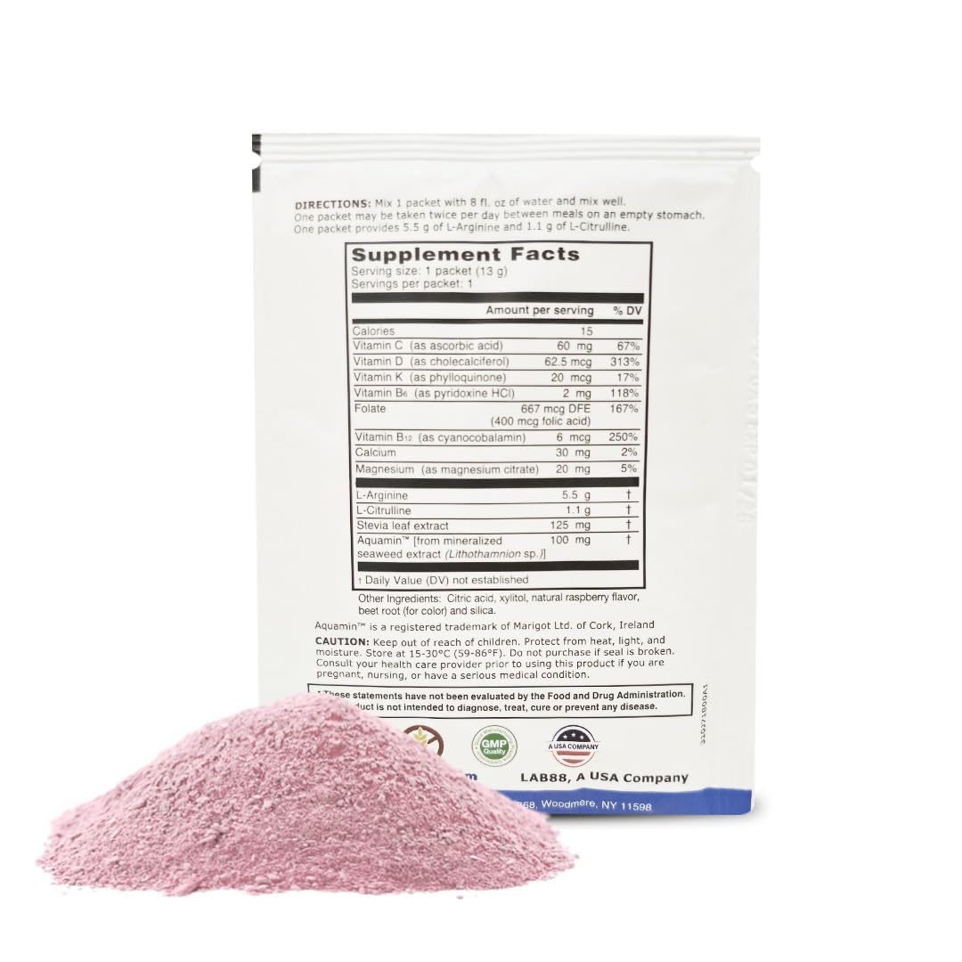 L-ARGININE PRO Supplement Powder | 60 Packets | Raspberry Flavor | 5,500mg L-Arginine + 1,100mg L-Citrulline