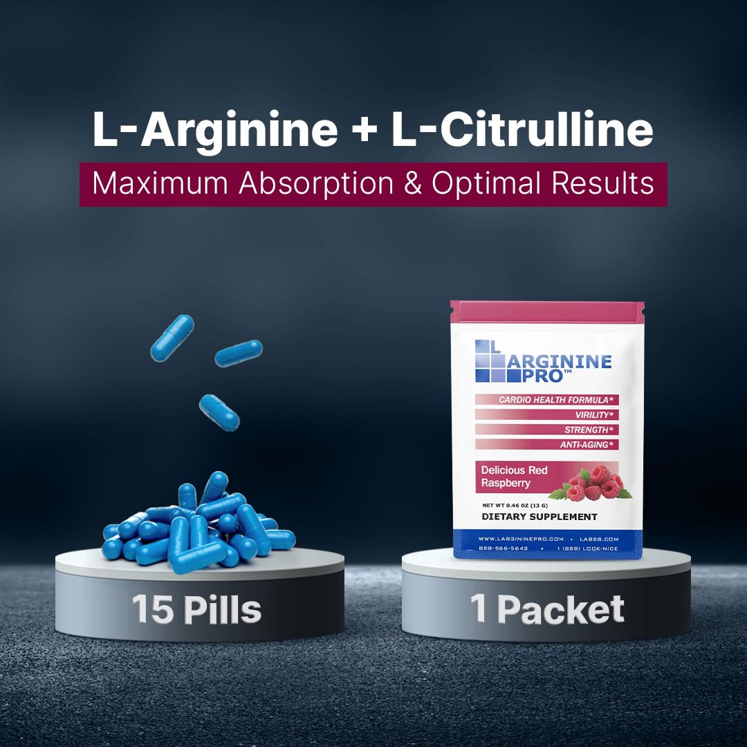 L-ARGININE PRO Supplement Powder | 60 Packets | Raspberry Flavor | 5,500mg L-Arginine + 1,100mg L-Citrulline