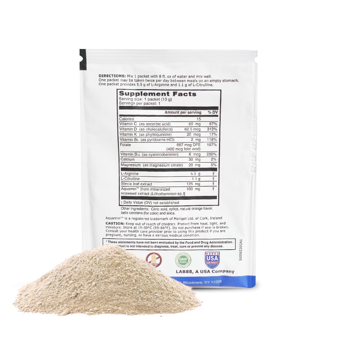 L-ARGININE PRO Supplement Powder | 30 Travel Packets | 5,500mg L-Arginine + 1,100mg L-Citrulline | Orange