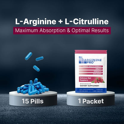 L-ARGININE PRO Supplement Powder | 30 Packets | Single Serve Travel Size | 5,500mg L-Arginine + 1,100mg L-Citrulline | Raspberry