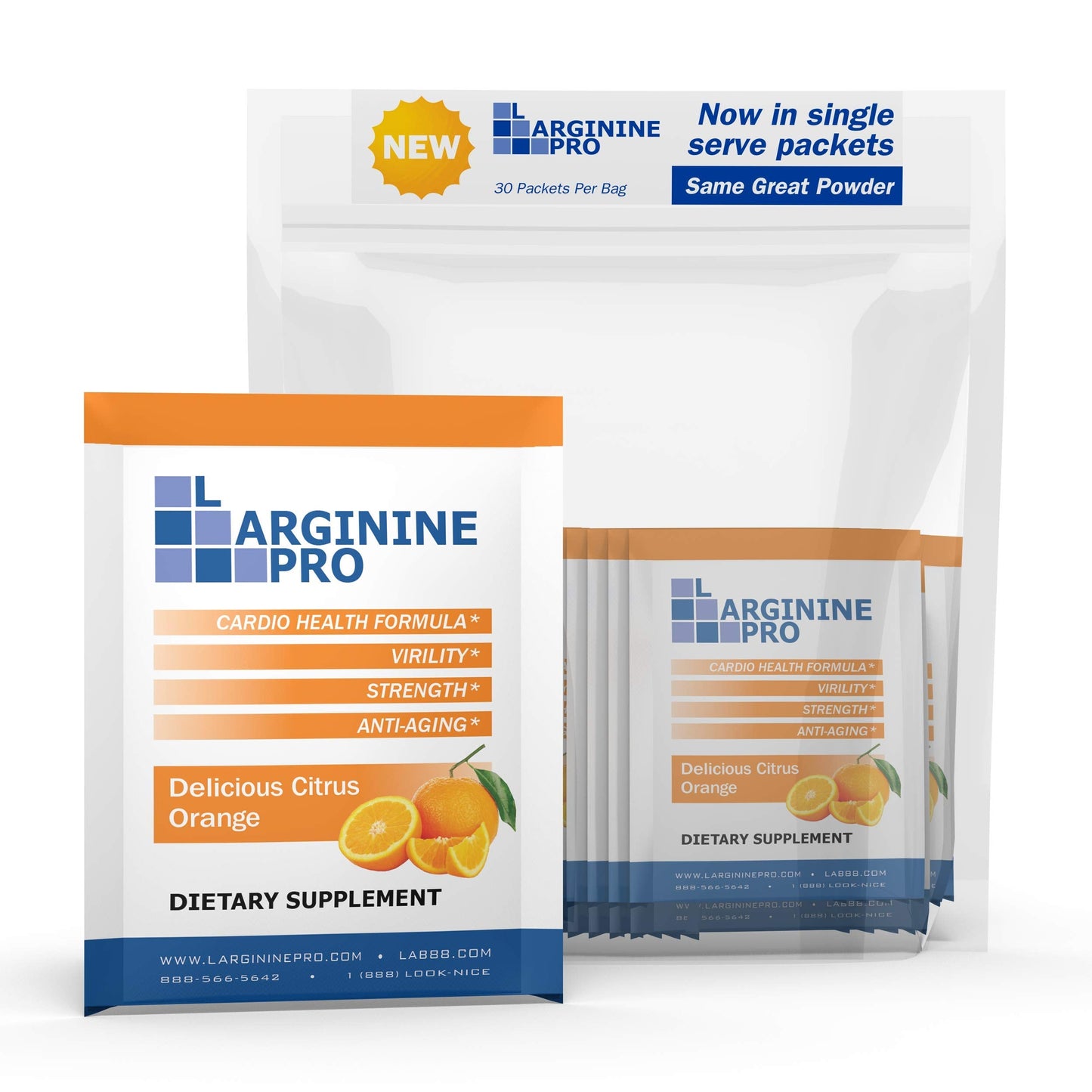 L-ARGININE PRO Supplement Powder | 30 Travel Packets | 5,500mg L-Arginine + 1,100mg L-Citrulline | Orange
