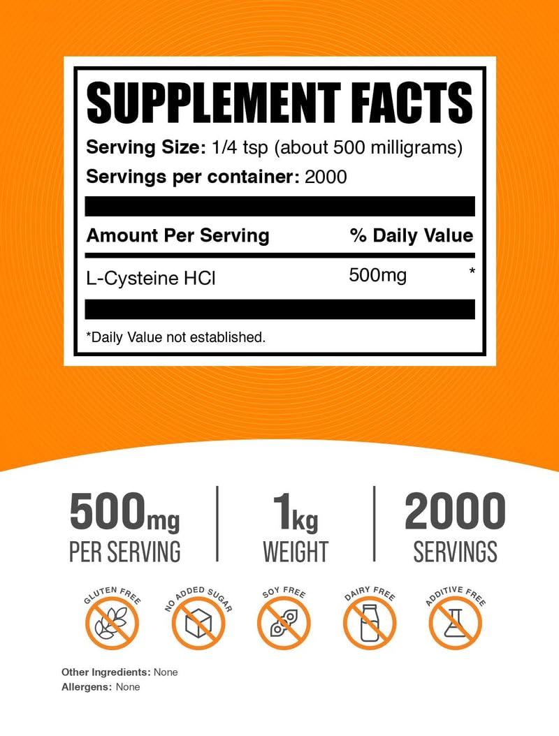 L-Cysteine HCl Powder (NAC) – BulkSupplements, 1kg, 500mg per Serving, Gluten Free