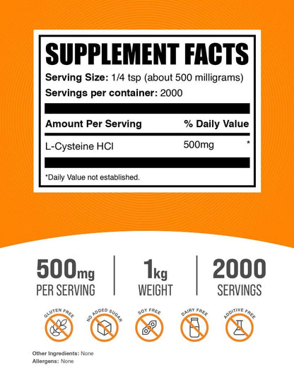 L-Cysteine HCl Powder (NAC) – BulkSupplements, 1kg, 500mg per Serving, Gluten Free