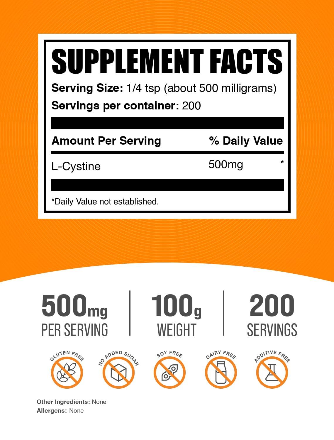 BulkSupplements L-Cystine Powder 500mg — Gluten Free, 100g (Pack of 1)