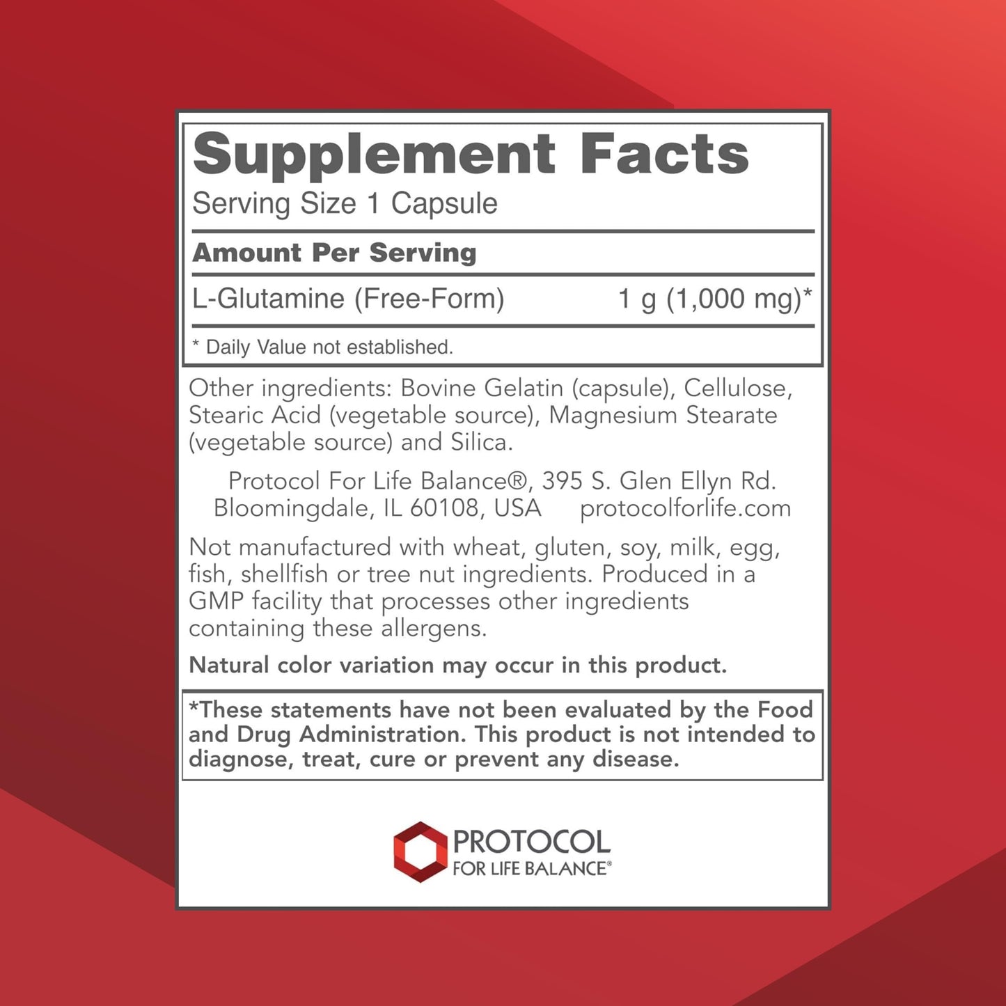 PROTOCOL FOR LIFE BALANCE L-Glutamine 1000mg - Gut Health & Immune Support - 120 Veg Caps