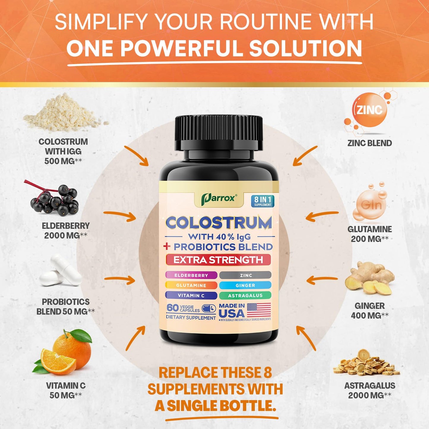 Parrox Colostrum Capsule - 8 in 1 Grass-Fed Bovine Boost, 120 Caps