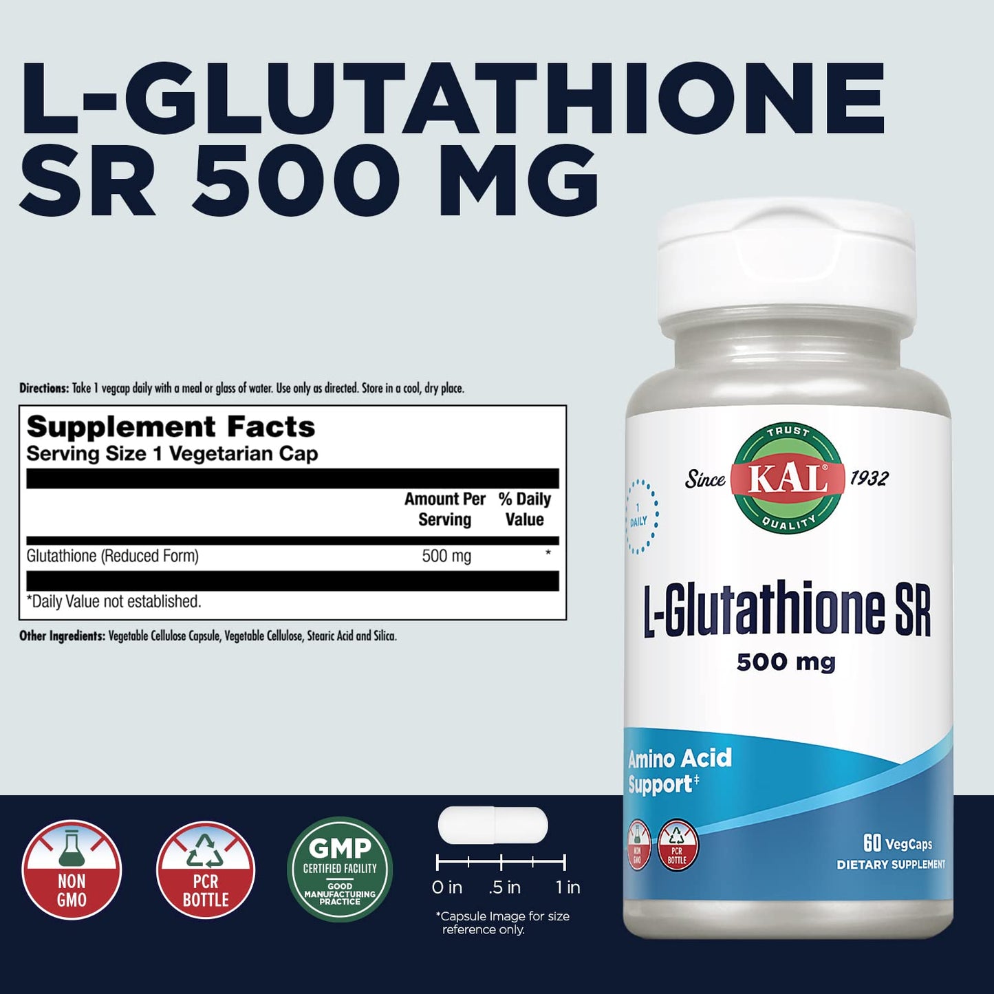 KAL L-Glutathione SR – Reduced GSH 500 mg | Lab Verified | 60 Servings | 60 VegCaps