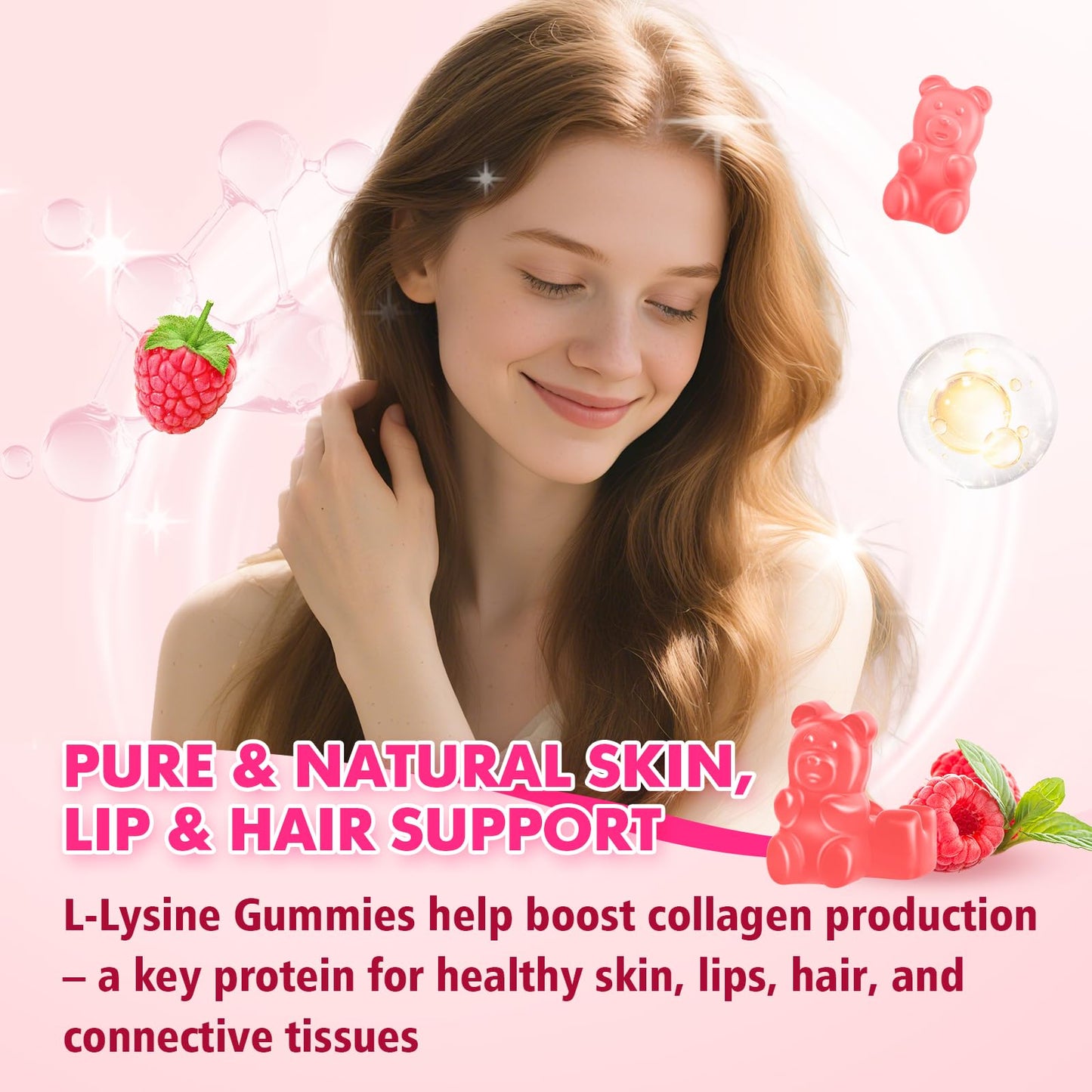 L-Lysine 1000mg Gummies for Immune Support & Skin Health – Vegan, Raspberry, 60 Gummies