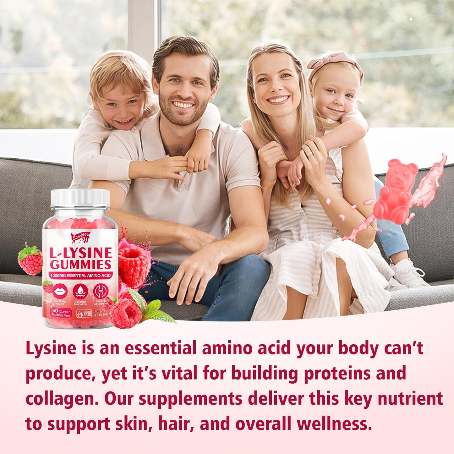 L-Lysine 1000mg Gummies for Immune Support & Skin Health – Vegan, Raspberry, 60 Gummies
