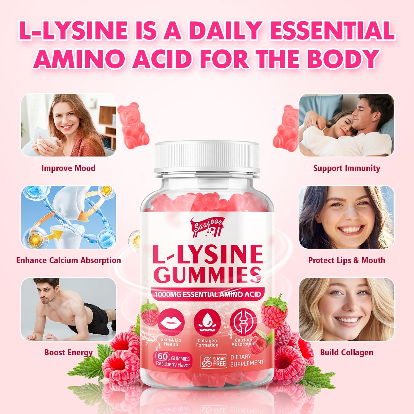 L-Lysine 1000mg Gummies for Immune Support & Skin Health – Vegan, Raspberry, 60 Gummies