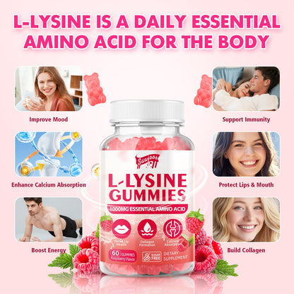 L-Lysine 1000mg Gummies for Immune Support & Skin Health – Vegan, Raspberry, 60 Gummies