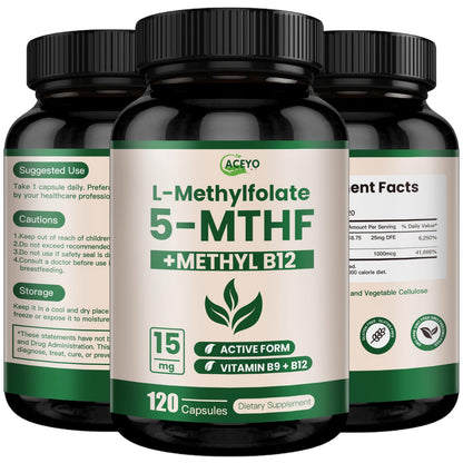 L-Methylfolate 15mg Supplement with 5-MTHF & Methyl B12 – Direct Absorption, 120 Capsules, Non-GMO, No Fillers