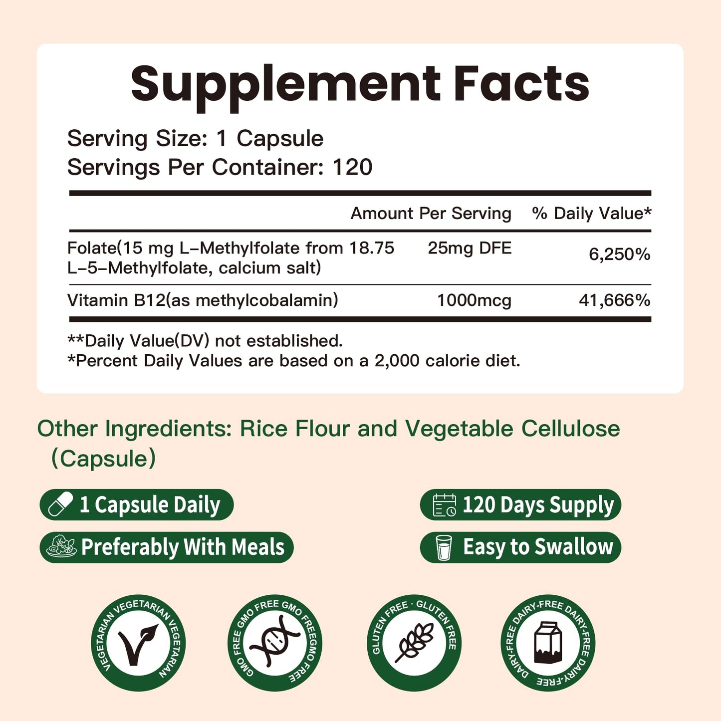 L-Methylfolate 15mg Supplement with 5-MTHF & Methyl B12 – Direct Absorption, 120 Capsules, Non-GMO, No Fillers