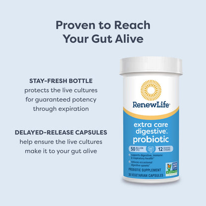 Renew Life Extra Care Probiotic – 50 Billion CFU, 12 Strains, 90 Caps | Gluten-Free, Dairy-Free, Soy-Free