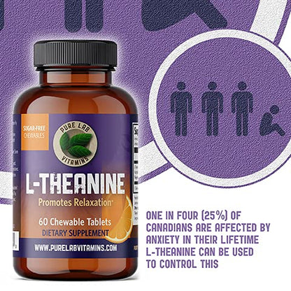 Pure Lab Vitamins L-Theanine 125 mg Chewable Tablets – 60 Sugar-Free, 30-Day Supply | Relaxation & Focus | Made in Canada