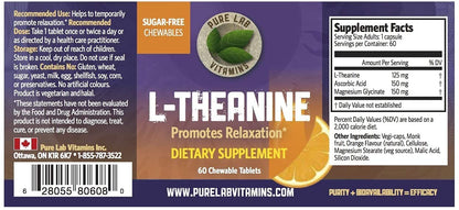 Pure Lab Vitamins L-Theanine 125 mg Chewable Tablets – 60 Sugar-Free, 30-Day Supply | Relaxation & Focus | Made in Canada