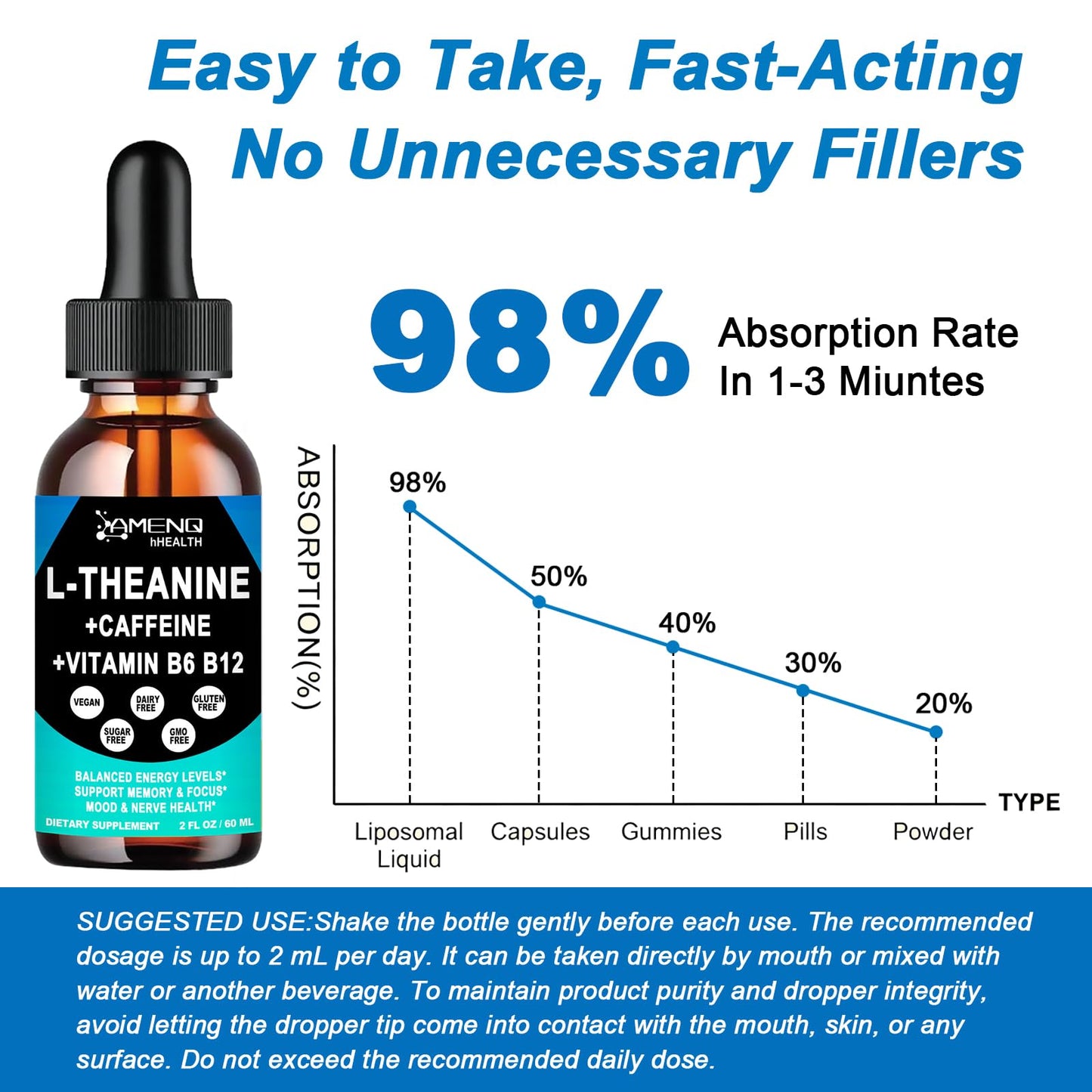 L-Theanine Caffeine Liquid Drops — Organic, Vegan, Gluten Free | 200mg L-Theanine, 50mg Caffeine