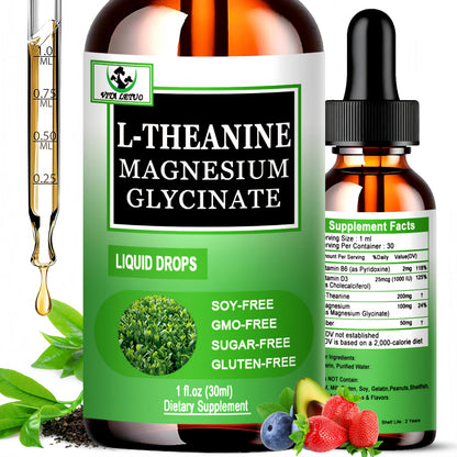 L-Theanine Drops 200mg with Magnesium Glycinate – Plant-Based, Non-GMO | Relaxation, Sleep & Digestive Support