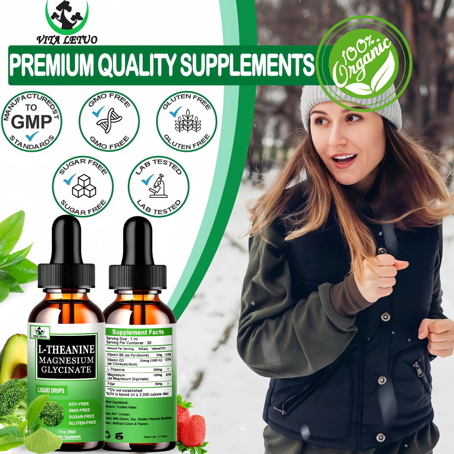 L-Theanine Drops 200mg with Magnesium Glycinate – Plant-Based, Non-GMO | Relaxation, Sleep & Digestive Support