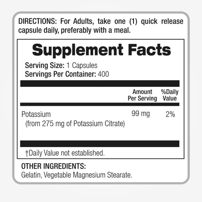 Lab Potassium Citrate 400 Capsules – 275 mg | Ultra High Absorption Potassium Supplement