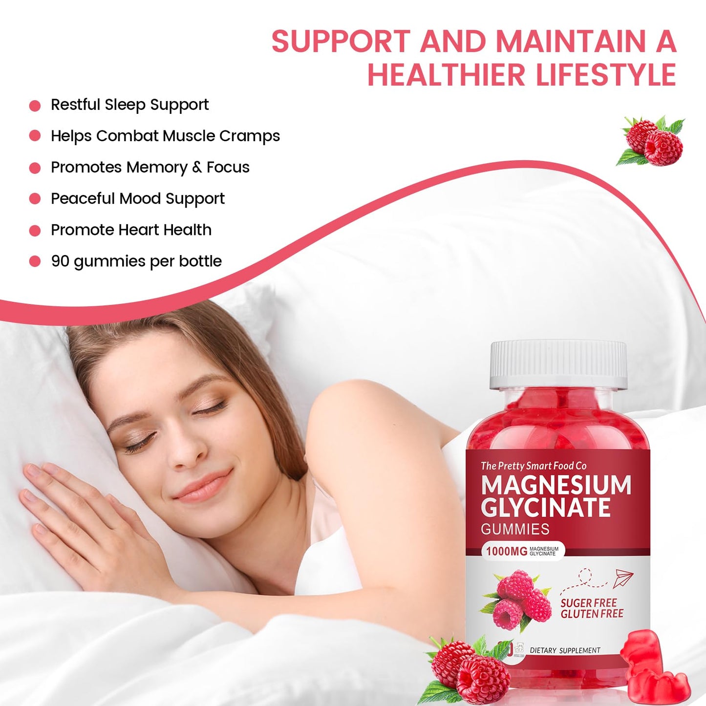 Magnesium Glycinate Gummies 1000mg – 90 Count | Calm Mood & Sleep Support (Raspberry)