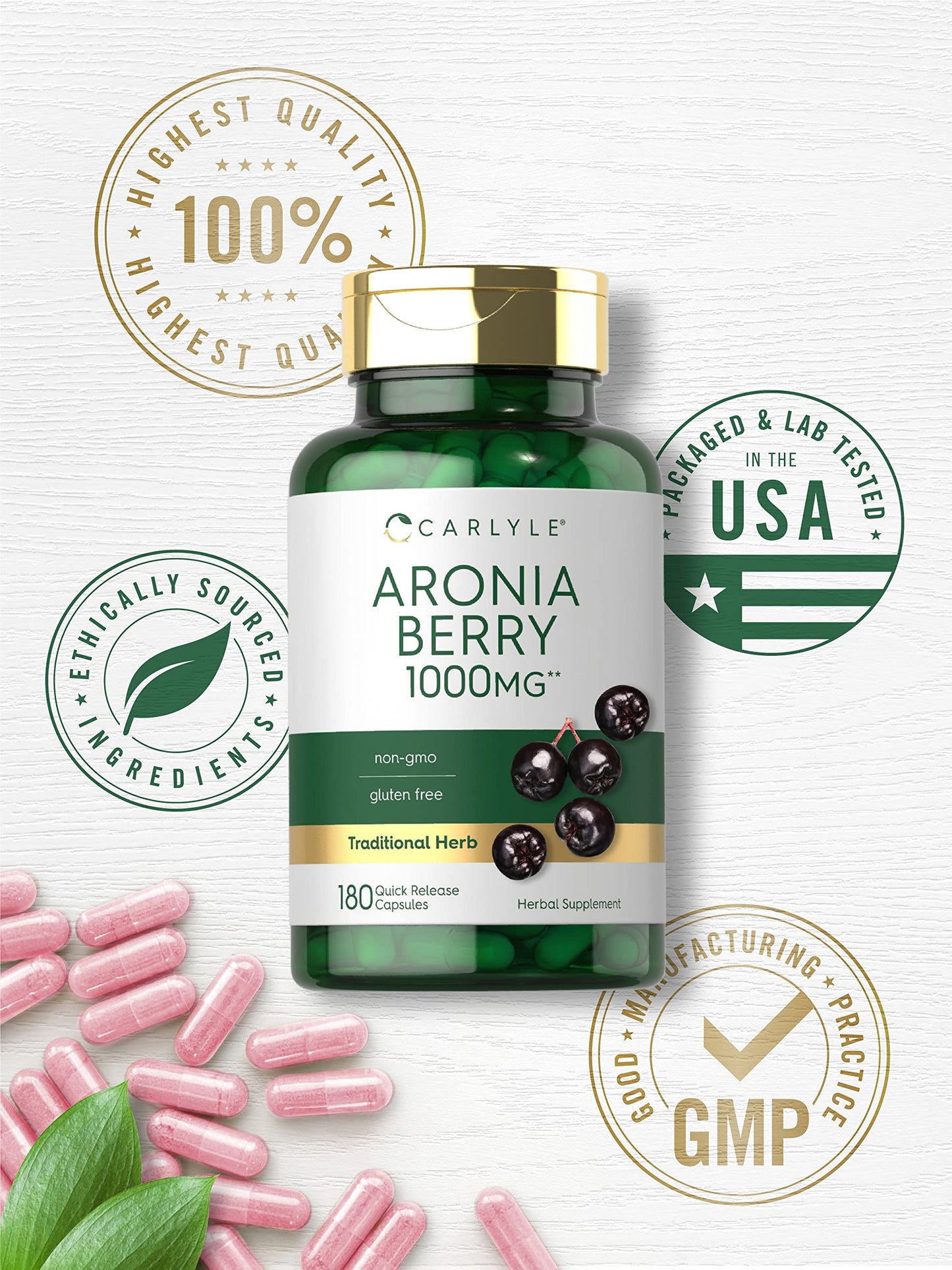 Carlyle Aronia Berry Capsules 1000mg - 180 Count | Non-GMO, Gluten Free