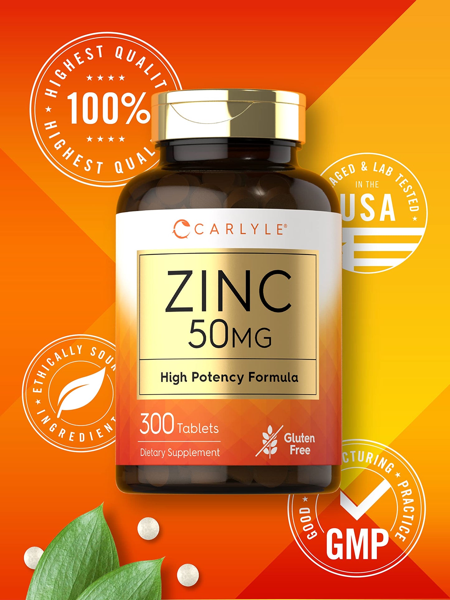 Carlyle Zinc 50mg – 300 Tablets | Vegetarian, Non-GMO, Gluten Free | Zinc Gluconate | High Potency