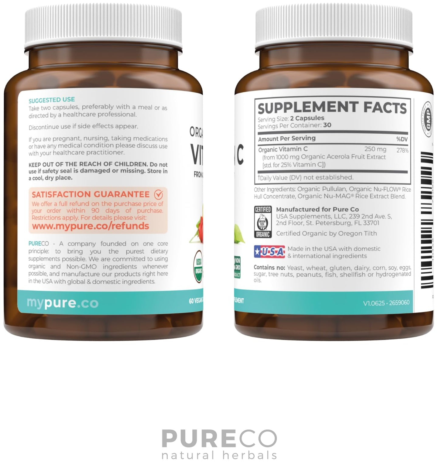 Certified Organic Vitamin C Supplement - Acerola Immune Support (1 Month Supply)