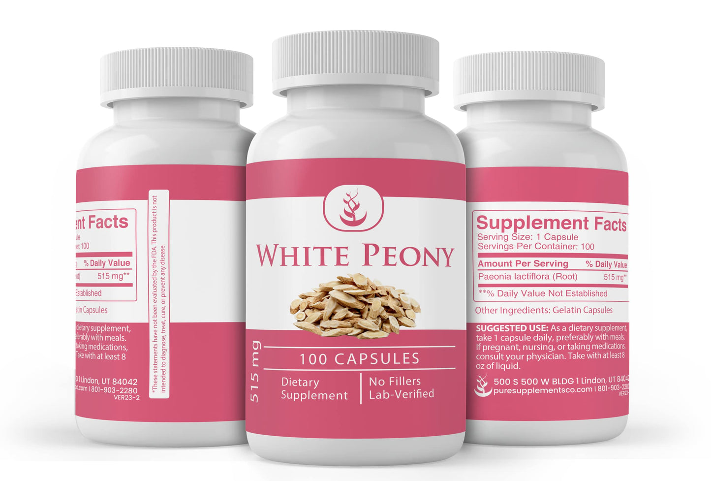 PURE ORIGINAL INGREDIENTS White Peony Capsules – 100 Count, Lab Verified