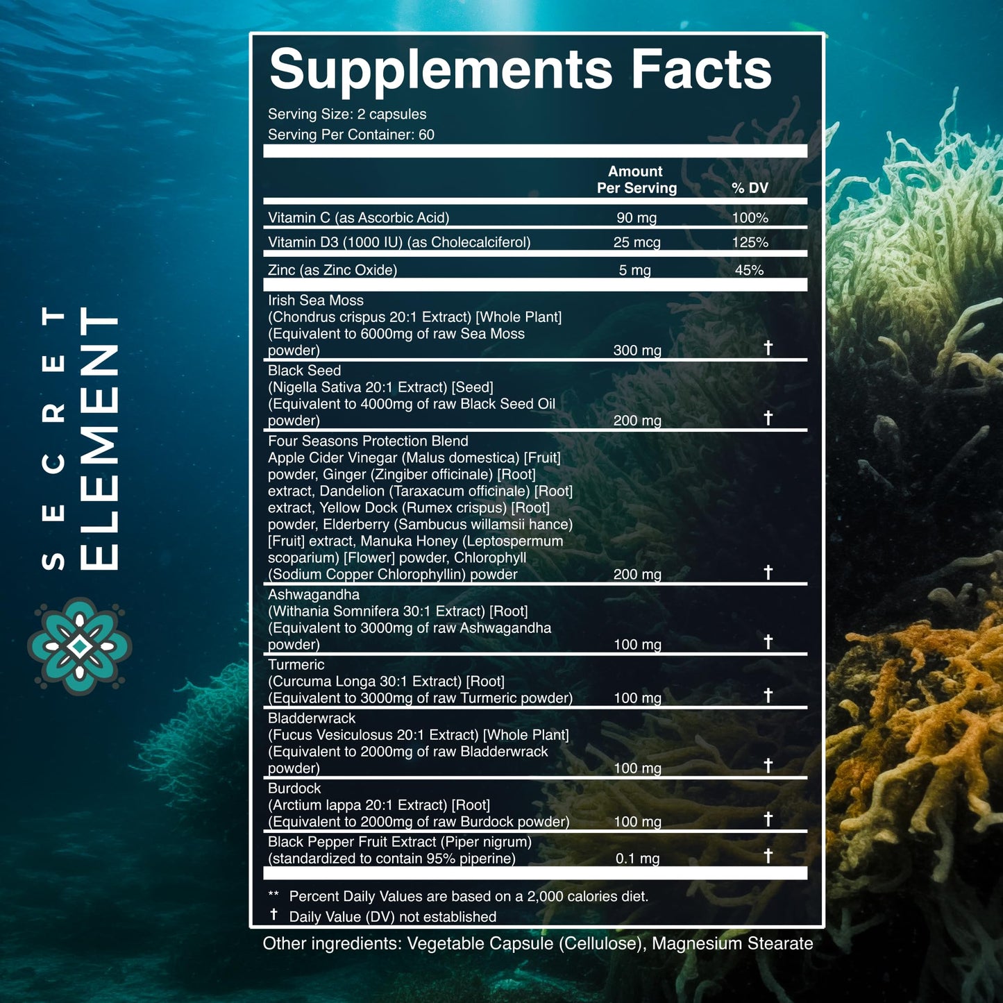 Secret Element Irish Sea Moss & Black Seed Oil Ashwagandha Ginger – All-in-One 20,000mg Capsules, 120 Count (Pack of 2)