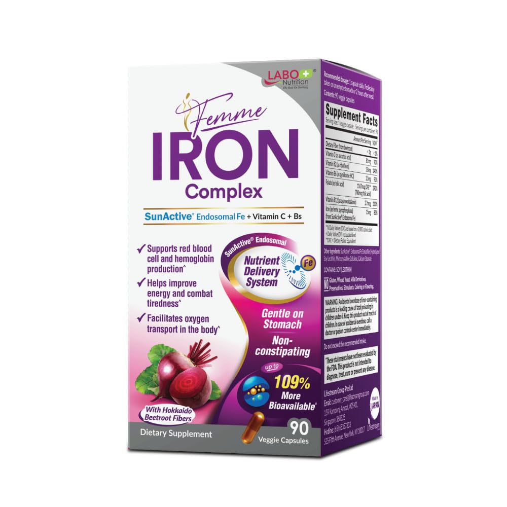 LABO Nutrition Femme Iron Endosomal SunActive – Gentle 15mg Vegan Iron Supplement for Blood Builder (90 Count)