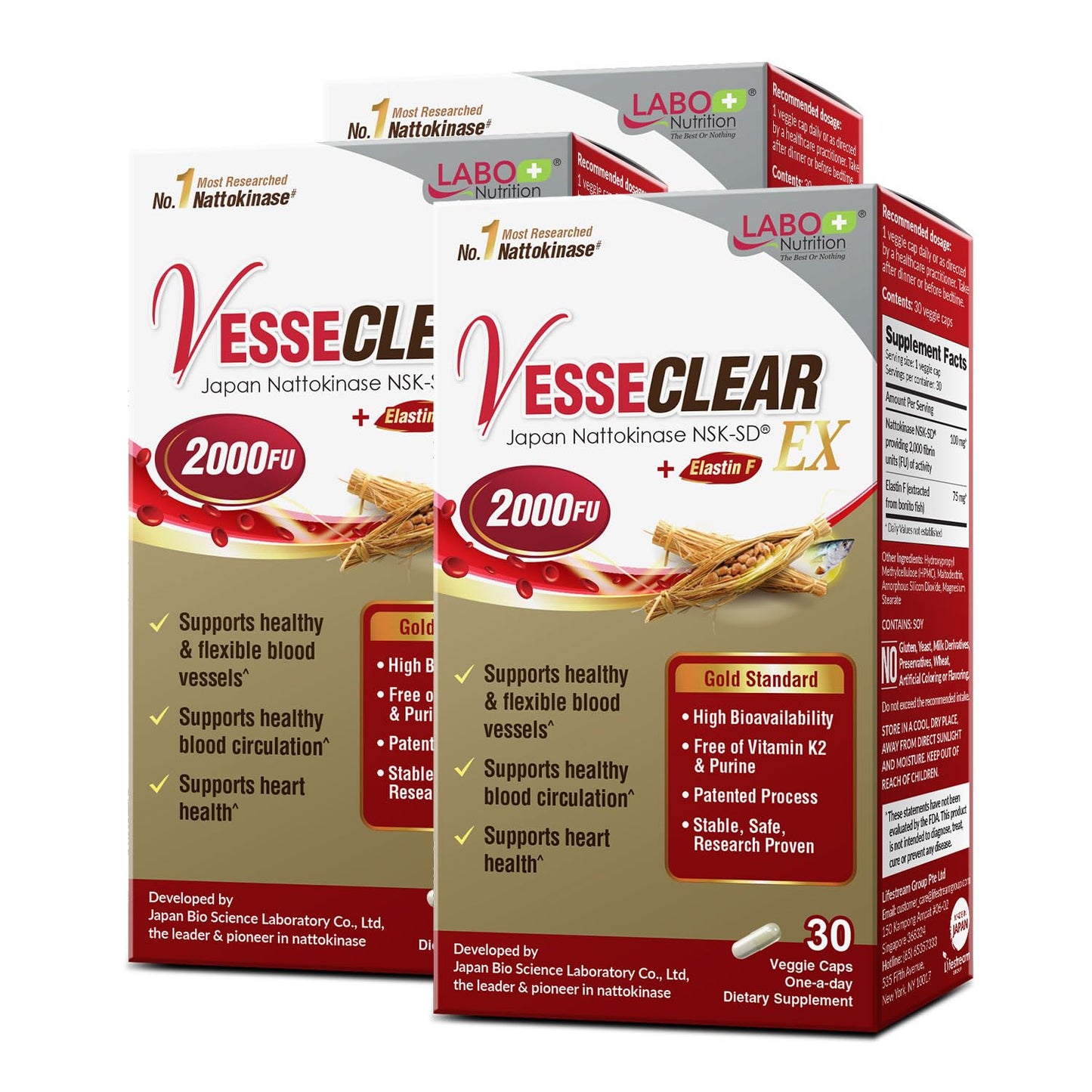 LABO Nutrition VesseCLEAR EX: Nattokinase NSK-SD + Elastin F for Clean & Flexible Blood Vessels — 90 Capsules