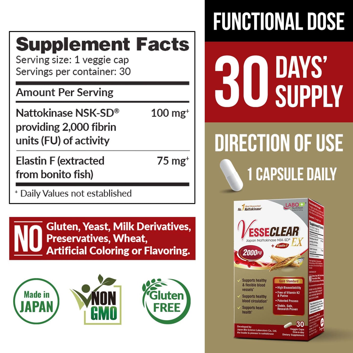 LABO Nutrition VesseCLEAR EX: Nattokinase NSK-SD + Elastin F for Clean & Flexible Blood Vessels — 90 Capsules
